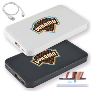 A white and black wireless power bank with a logo, accompanied by a USB charging cable.