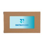 A brown cardboard packaging featuring a blue logo and a clear window displaying the contents.