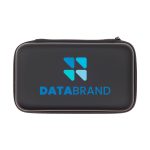 A black zippered case featuring a blue and light blue logo, designed for storing gadgets or accessories.