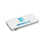 A white power bank with a logo, featuring a sleek design and a side button.