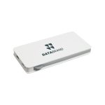 A white wireless power bank with a grey accent and a logo. It features USB ports for charging devices.