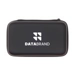 A black zippered case with a logo, designed for storing electronic accessories.