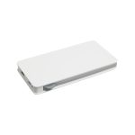 A white power bank with a sleek design and a grey slider, featuring multiple ports and a logo.