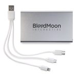 A silver power bank with multiple charging cables attached, featuring a branding logo.