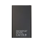 A sleek black power bank with a capacity of 4000mAh, featuring input and output specifications. Includes a logo.
