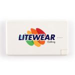 A white power bank with a logo, featuring a sleek design and multiple indicator lights.