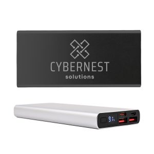 A sleek power bank in black and silver, featuring multiple USB ports and a digital display. Includes a logo.