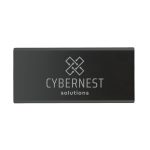 A power bank featuring a sleek black design with the logo "CYBERNEST solutions" embossed on the surface.