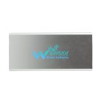 A power bank featuring a sleek silver design with the logo of the Bayside Water Authority printed in blue.