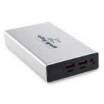 A silver power bank with multiple USB ports, featuring the logo of "city.golf" on the surface.