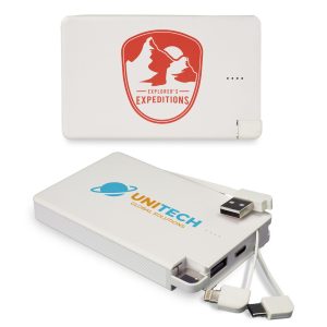 A white power bank with logos, featuring multiple charging cables and a compact design.