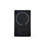 A black solid state power bank with a circular design feature and branding on the back.