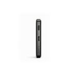 A sleek black solid state power bank with a slim profile and ports on one side, featuring a branding logo.