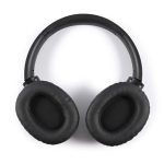 A pair of black ANC headphones with cushioned ear cups, featuring a sleek design and a headband.