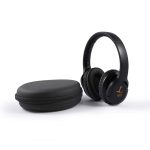 Equinox ANC headphones in a sleek black design next to a round, black carrying case.