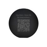 A circular black phone grip featuring a QR code and text for instructions.