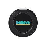 A black phone grip and stand with a colourful logo featuring the word "believe".