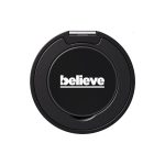 A black phone grip and stand with a circular design and a logo on its surface.