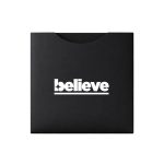 A black folder with a large white logo featuring the word "believe." Minimalistic design with rounded edges.