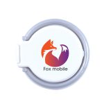 A round phone grip in white and gray with a fox logo in orange and purple.