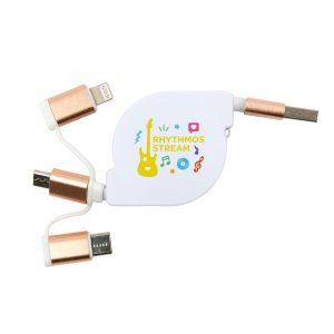 A retractable white charging cable featuring two connectors in gold and a logo.