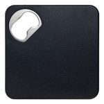 A drink bottle opener and coaster featuring a sleek black design with a metal opener integrated into one corner.