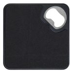 A drink bottle opener and coaster combination featuring a sleek, black design with a circular opening for bottle caps.