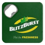 A green bottle opener coaster featuring a metal opener and a logo design.