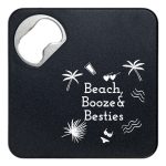 A drink bottle opener and coaster in black with a silver opener, featuring tropical-themed graphics.