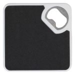 A drink bottle opener and coaster in black and silver, featuring a textured surface and a built-in bottle opener.