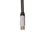 A charging cable with a gray USB connector and a braided black exterior.