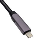 A charging cable with a metallic grey connector and a braided black cable casing, featuring a logo on the connector.