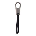 A grey carabiner clip with a black fabric strap, designed for attaching items easily.