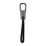 A grey carabiner-style clip with a black strap, designed as a charging cable accessory.