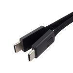 A black braided charging cable featuring two USB-C connectors on each end. It has a sleek design and logo branding.