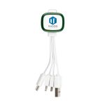 A green and white 3-in-1 charging cable with three interchangeable connectors and a logo on the side.