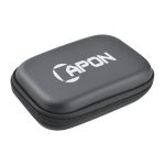 A black zippered case with a logo, designed for storing cables or small electronics.