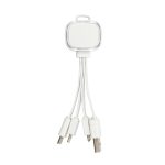A white charging cable with three connectors, designed for multiple device compatibility, featuring a sleek design.