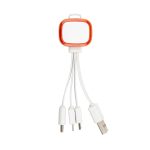 A charging cable with three connectors, featuring a white body and an orange accent, and a branding logo.
