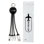 A charging cable set featuring multiple connectors in black and silver, packaged in a clear case.