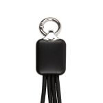 A black charging cable connector with a shiny silver attachment ring, featuring a sleek design.