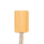 A bamboo charging cable with a rectangular connector and white cords, featuring a simple logo on the bamboo surface.