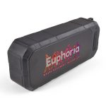 A black, water-resistant speaker with a textured surface and a prominent logo on the front.