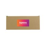 A brown cardboard box with a vibrant orange and purple label featuring a logo.