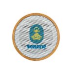 A round Bluetooth speaker featuring a bamboo frame and a patterned front with a logo.