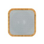 A square Bluetooth speaker featuring a bamboo frame and a perforated metal grill.