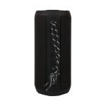 A black Bluetooth speaker with a textured surface and a hanging strap, featuring buttons and a logo.