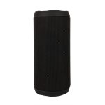 A cylindrical black Bluetooth speaker with a textured surface and rounded edges.