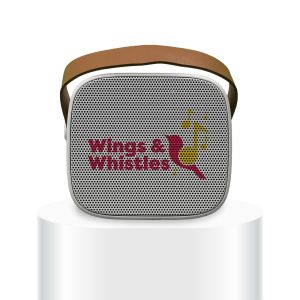 A mini speaker with a white mesh design and a brown strap, featuring a logo on the front.