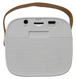 A compact white boombox mini speaker with a brown strap and various ports on the back.